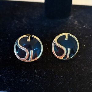 Vintage St. John signature logo Button style Pierced earrings Black Gold